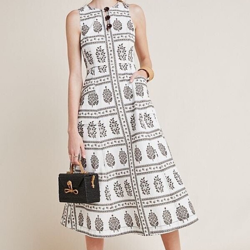 Anthropolgie Woodblock Midi Dress SZ 8 US 40 EU Fit N Flare Sleeveless Cotton